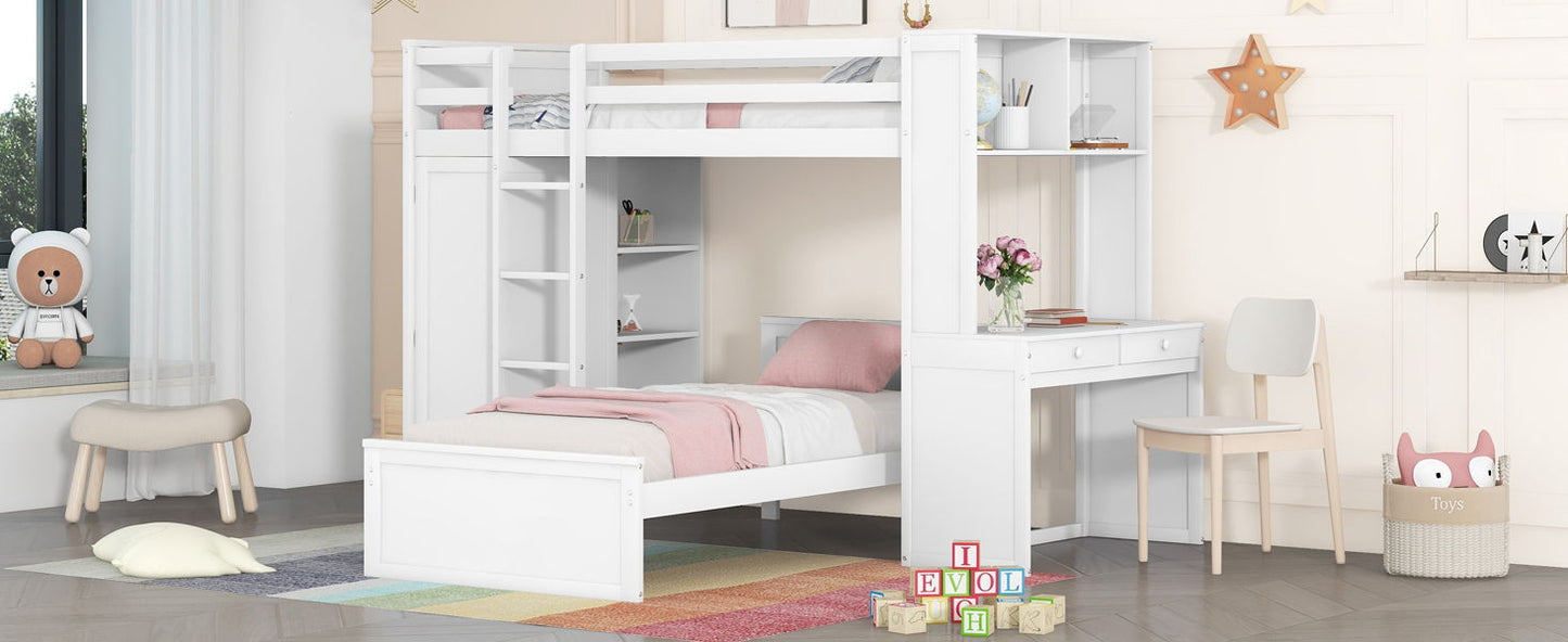 Twin Size Loft Bed With A Stand Alone Bed, Shelves, Desk, And Wardrobe - White