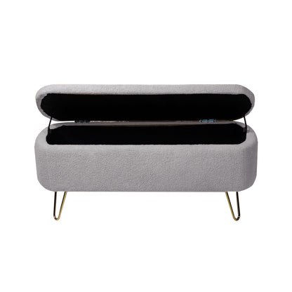 Storage Ottoman Bench For End Of Bed Gold Legs, Modern Gray Faux Fur Entryway Bench Upholstered Padded With Storage For Living Room Bedroom - Gray