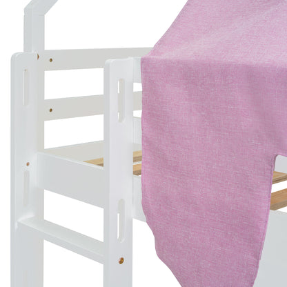 Twin Size Charming House Shaped Loft Bed With Tent And Slide - White / Pink