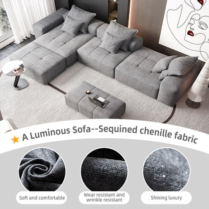 Modern Oversized Modular Sectional Sofa, Sparkling Fabric Soft Cushion Sofa With 6 Pillows, 6 Pieces Diy Combination Tufted Sofa, No Assembly Required - Gray