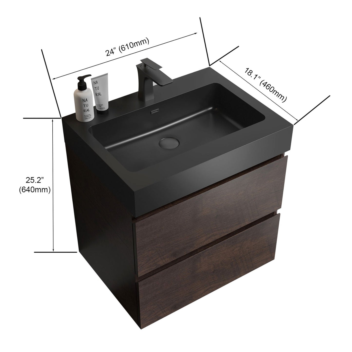 Alice - 24" Bathroom Vanity With Sink, Large Storage Wall Mounted Floating Bathroom Vanity For Modern Bathroom, One-Piece Sink Basin Without Drain And Faucet - Walnut / Black