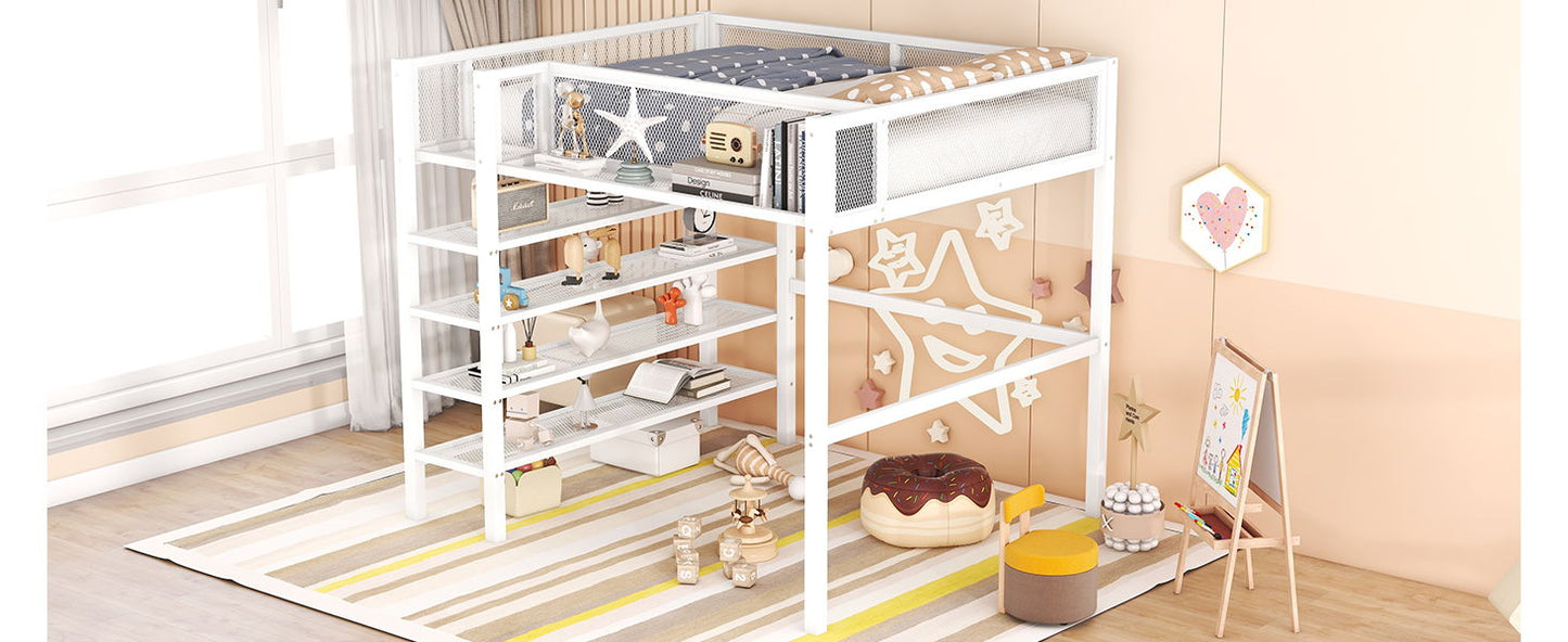 Full Size Loft Bed With 4 Tier Shelves And Storage - White