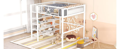 Full Size Loft Bed With 4 Tier Shelves And Storage - White