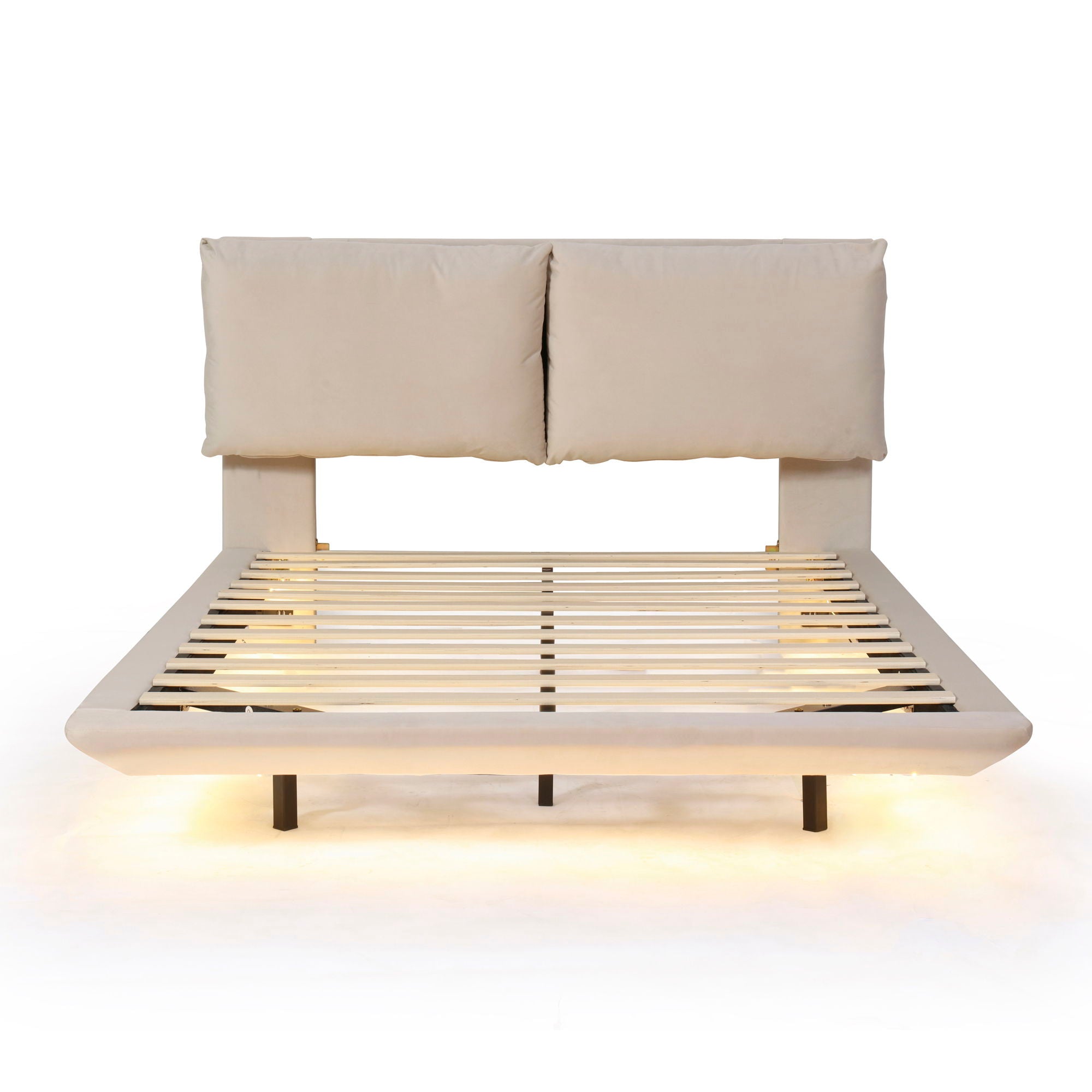 Queen Size Upholstered Platform Bed With Sensor Light And 2 Large Backrests, With 2 Sets Of USB Port And Socket On Each Rear Bed Leg - Beige