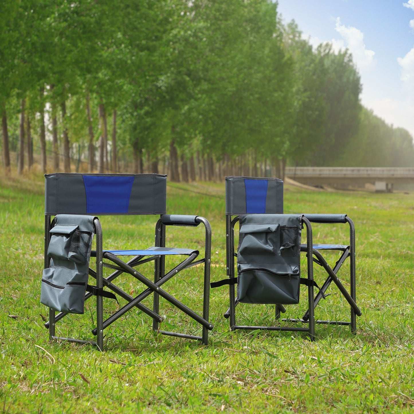 Padded Folding Outdoor Chairs With Storage Pockets (Set of 2), Lightweight Oversized Directors Chair For Indoor, Outdoor Camping, Picnics And Fishing - Blue / Gray