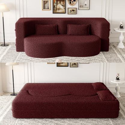 Modern Floor Sofa With 2 Pillows, Convertible Teddy Fabric Foam Filled Sleeper Sofa Bed, Full Size Folding Mattress For Living Room Guest Bed, Playroom, No Assembly Required - Burgundy