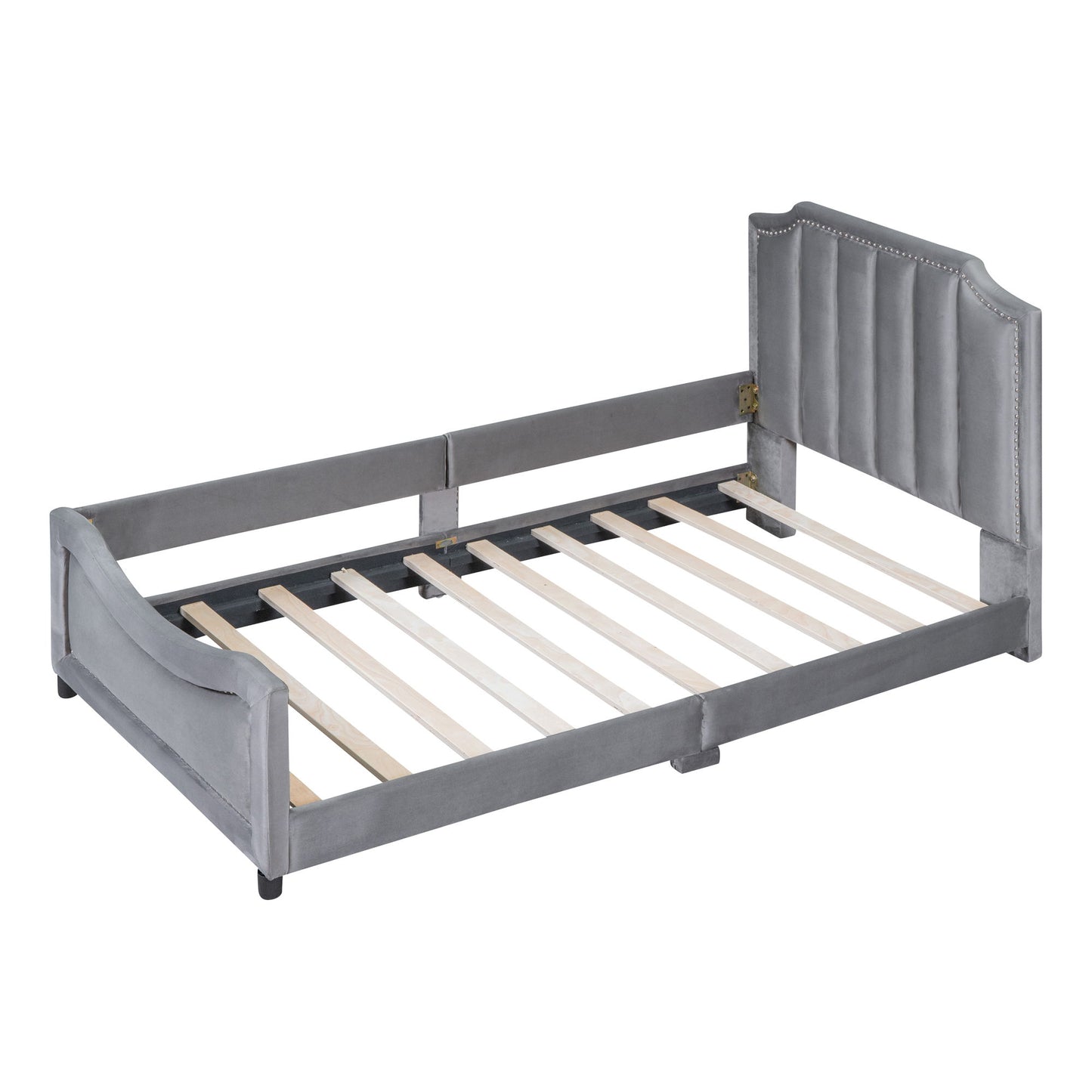 Twin Size Upholstered Daybed With Classic Stripe Shaped Headboard - Gray