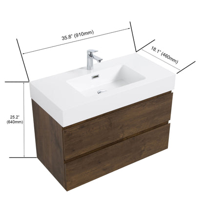 Alice - 36" Bathroom Vanity With Sink, Large Storage Wall Mounted Floating Bathroom Vanity For Modern Bathroom, One-Piece Sink Basin Without Drain And Faucet - White / Walnut