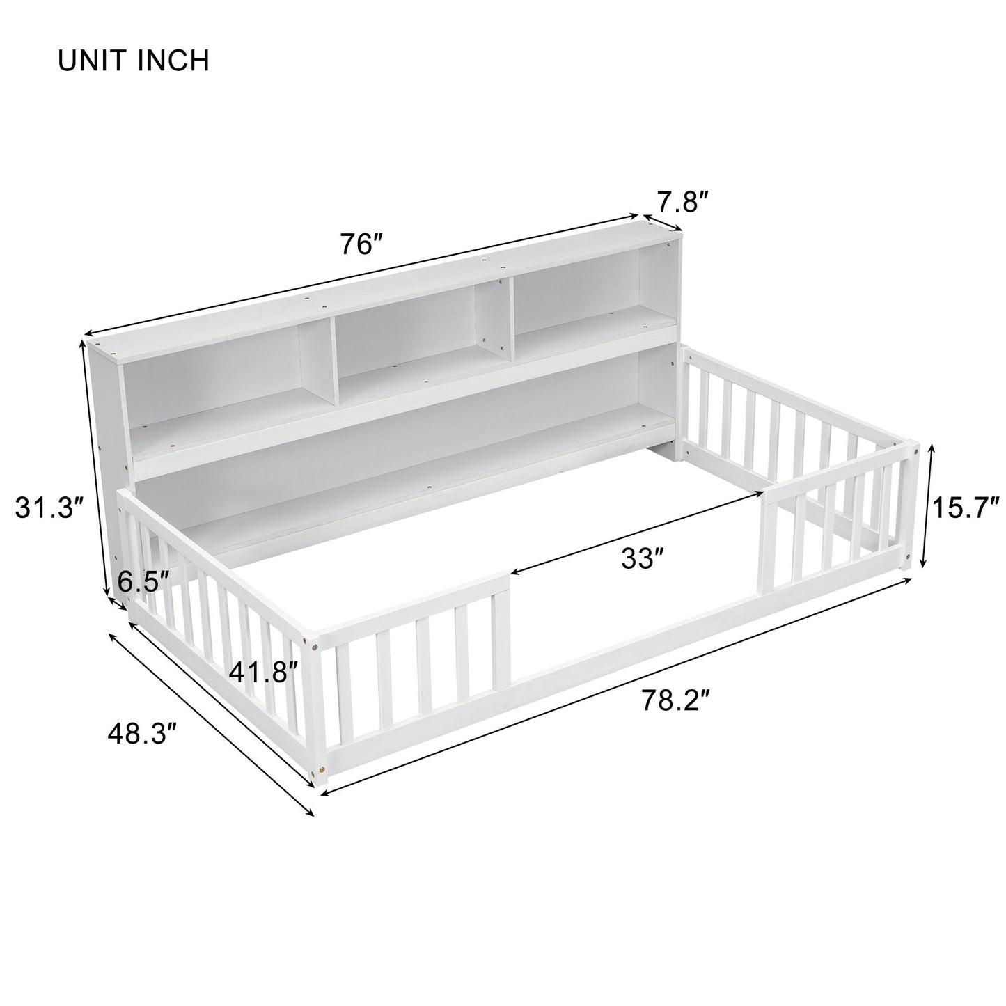 Twin Floor Bed With Bedside Bookcase, Shelves, Guardrails - White