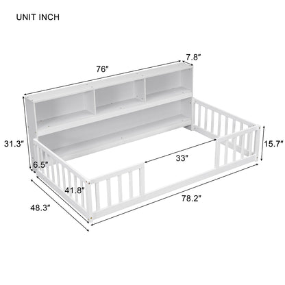 Twin Floor Bed With Bedside Bookcase, Shelves, Guardrails - White