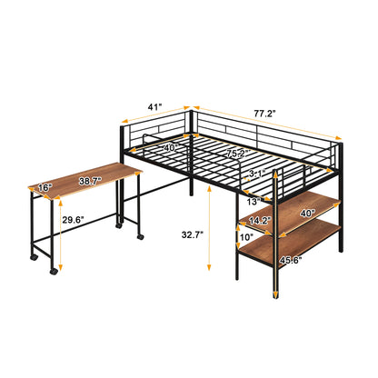Twin Size Loft Bed With Desk And Shelves - Black