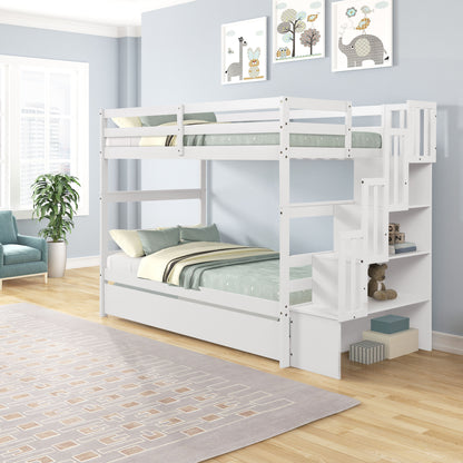 Twin Over Twin Bunk Beds With Twin Trundle And Stairway Storage Function - White