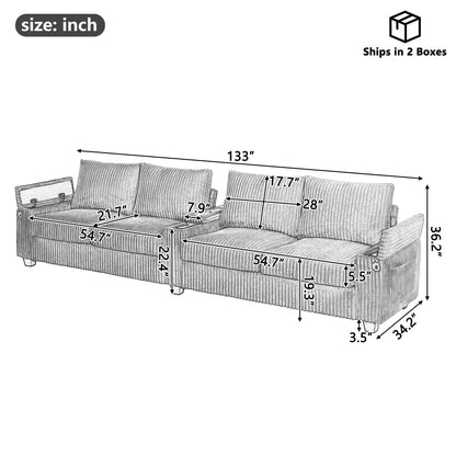 Modern 4 Seater Corduroy Sofa Couch With USB Ports, Hidden Storage, Flip Top Cup Holders - Blue