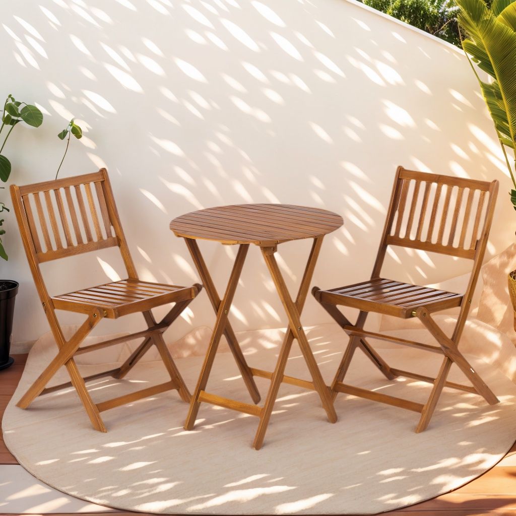 3 Piece Acacia Bistro Set, Folding Patio Furniture For Garden Backyard Balcony Porch With 1 Coffee Table And 2 Foldable Chairs - Light Brown