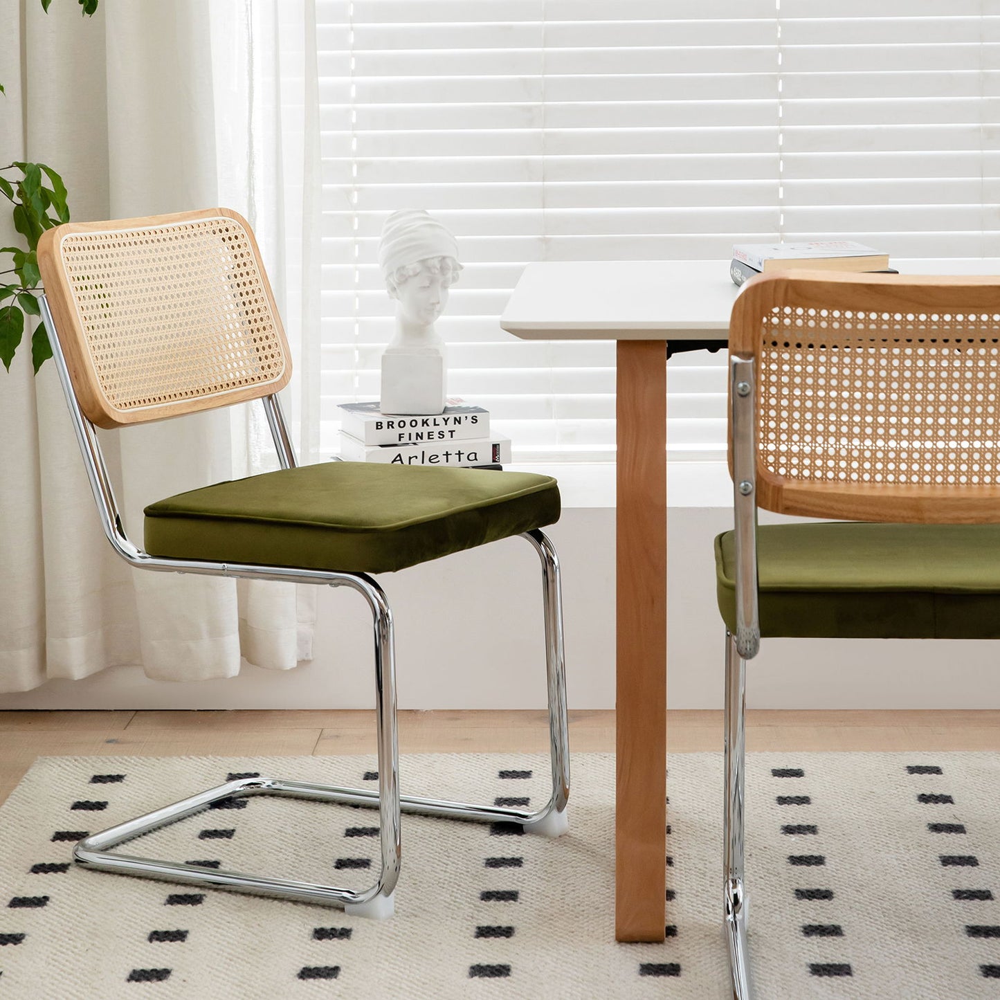 Dining Chairs, Velvet Rattan Side Accent Chairs With Chrome Legs, Modern Mid - Century Breuer Designed Chairs, Upholstered Dining Living Room Kitchen Chairs (Set of 2) - Olive Green