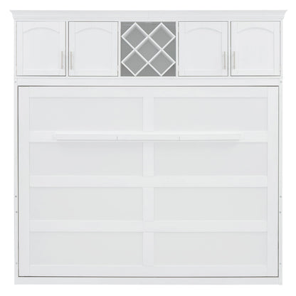 Queen Size Murphy Wall Bed With Top Cabinets & Wine Rack - White