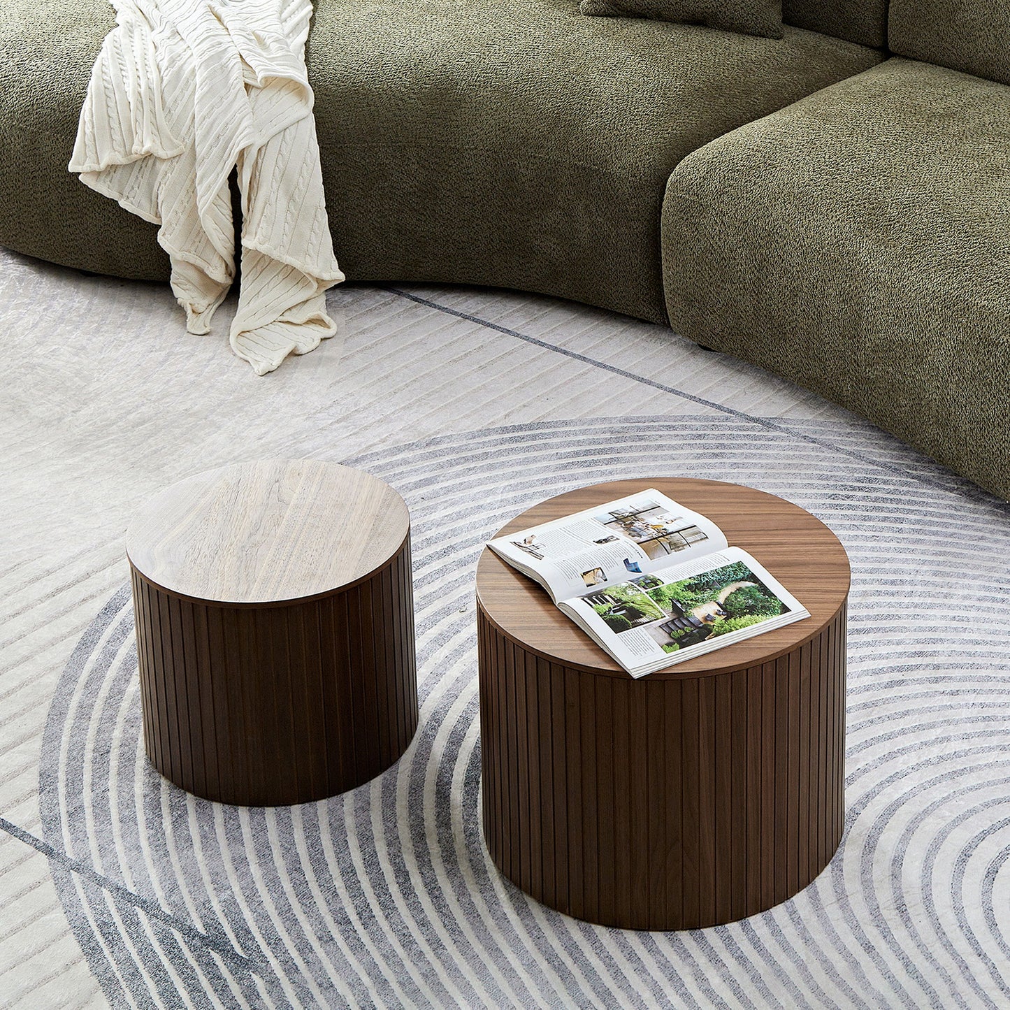 Handcrafted Nested Table Set 2 Pieces, Round Coffee Table - Walnut Color