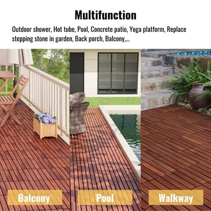 10 Piece Interlocking Deck Tiles Striped Pattern, Square Acacia Hardwood Outdoor Flooring For Patio, Bancony, Pool Side - Brown
