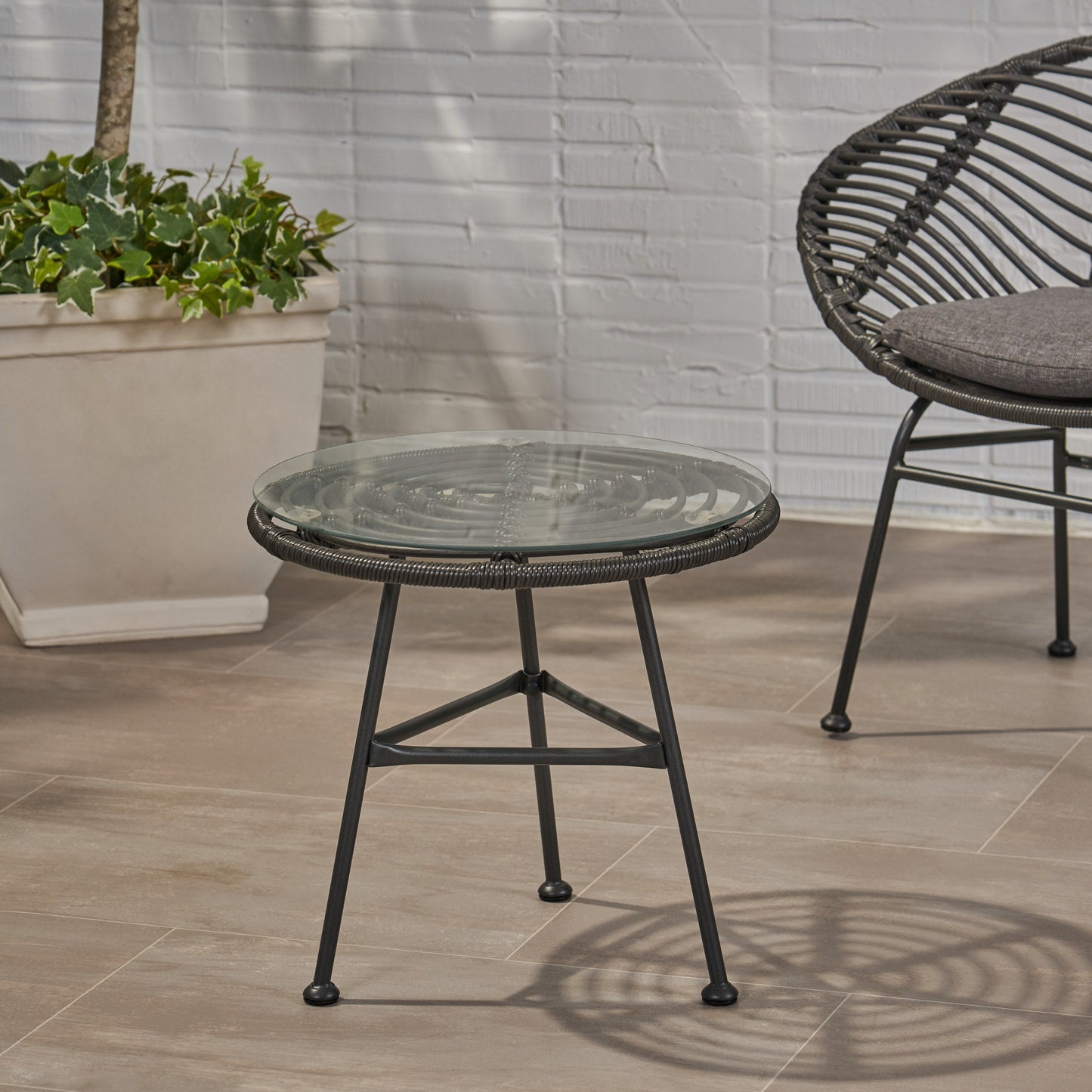 Petrichor - Outdoor Side Table With Tempered Glass And Steel Frame - Gray