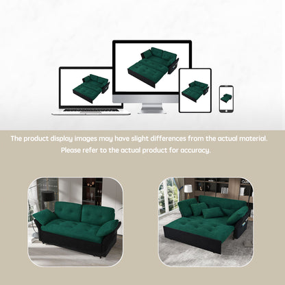 Modern Convertible Sleeper Sofa Bed With Pull Out Queen Design, Side Storage & Thick Cushions Chenille Loveseat For Living Room Or Bedroom 3 In 1 Function - Green
