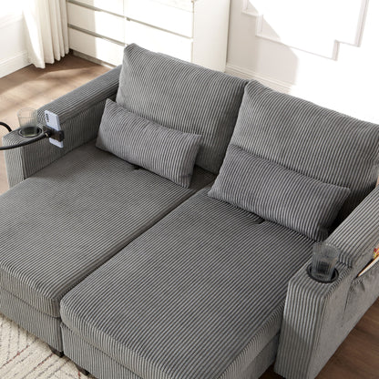Convertible Chaise Lounge Loveseat Sofa Bed With USB Ports, Cup Holders, Phone Holder, Ample Storage - Gray