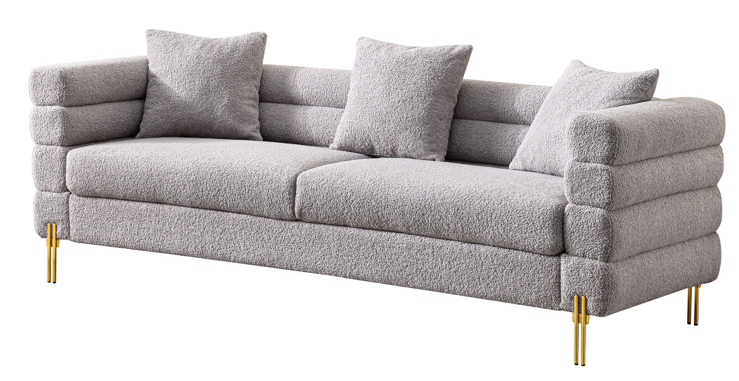 Luxurious And Comfortable Upholstered Sofa With Golden Legs And Pillows For Living Room And Reception Area - Gray