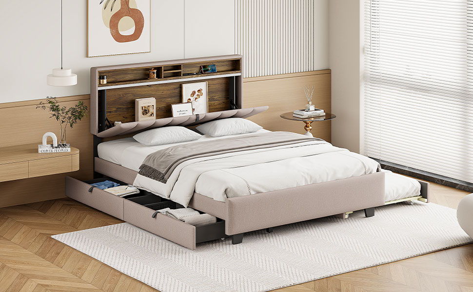 Queen Size Upholstered Platform Bed With Storage Headboard, Twin Long Size Trundle & 2 Drawers And A Set Of Sockets & USB Ports - Beige