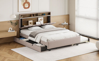 Queen Size Upholstered Platform Bed With Storage Headboard, Twin Long Size Trundle & 2 Drawers And A Set Of Sockets & USB Ports - Beige