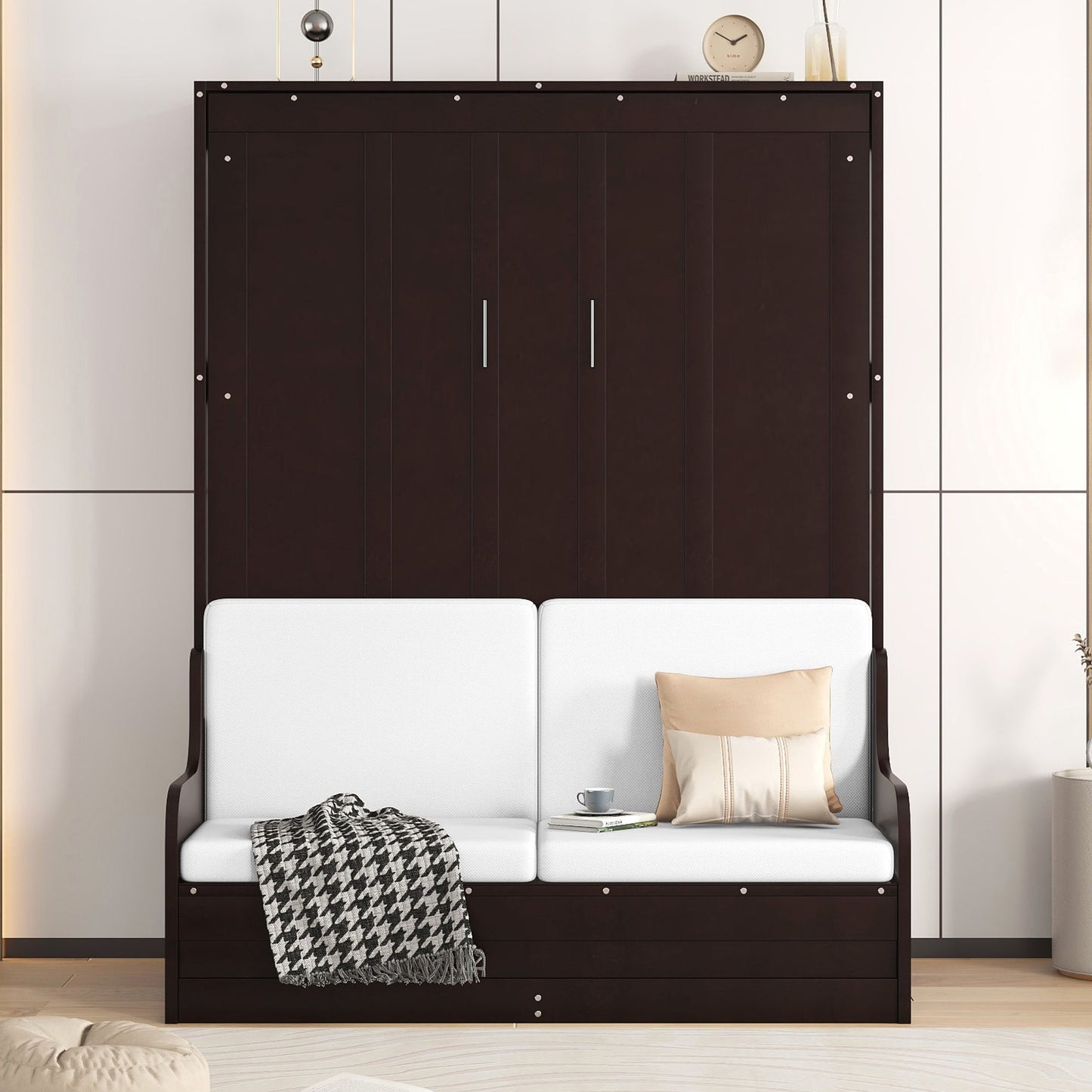 Queen Size Murphy Wall Bed With Cushion, Space Saving Design, And Construction - Espresso