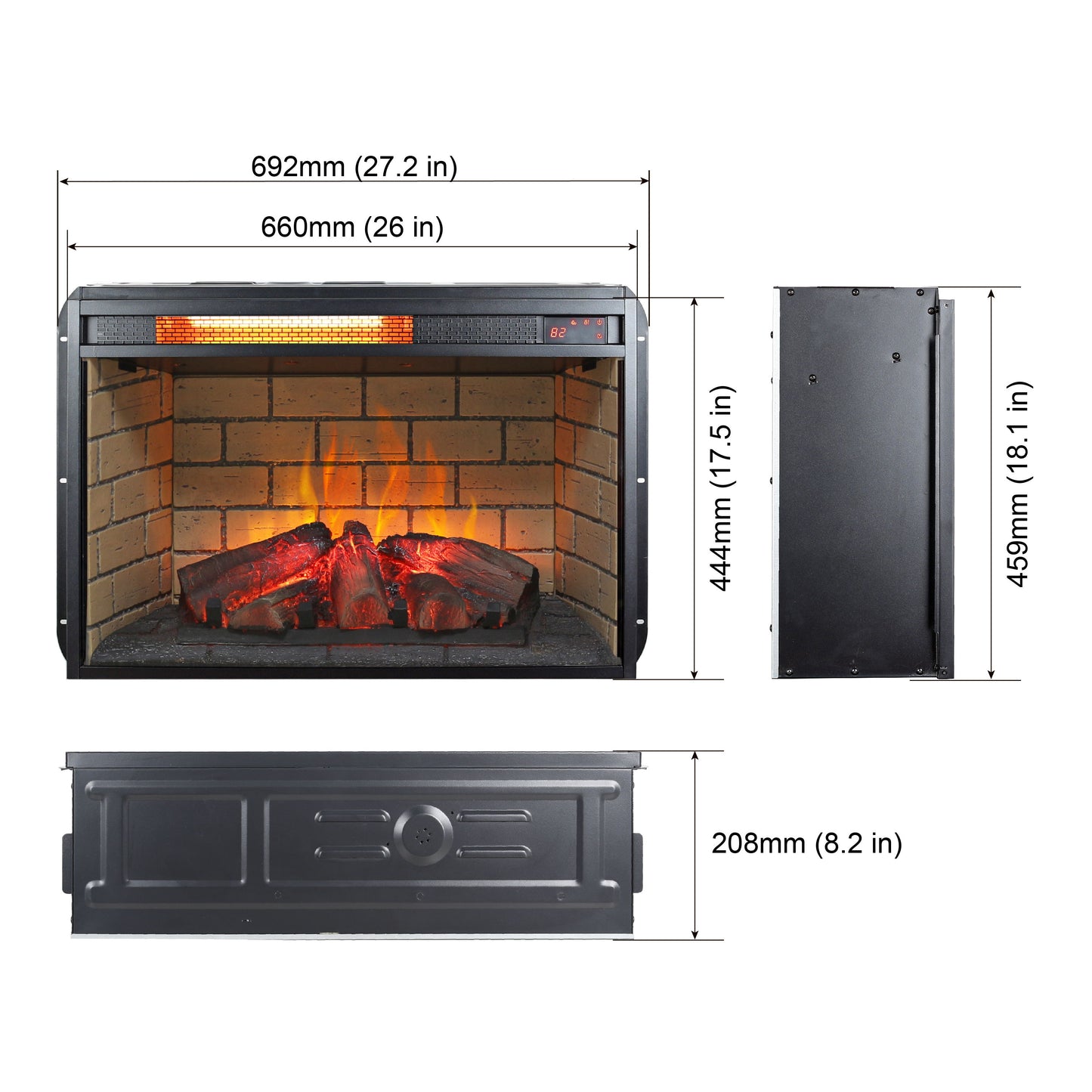 26" Infrared Quartz Heater Fireplace Insert -Woodlog Version With Brick - Antique Black