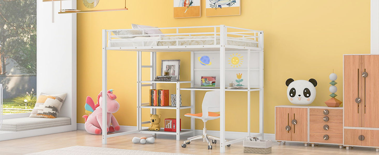 Full Size Loft Bed With Desk And Whiteboard, Loft Bed With 3 Shelves And Ladder - White