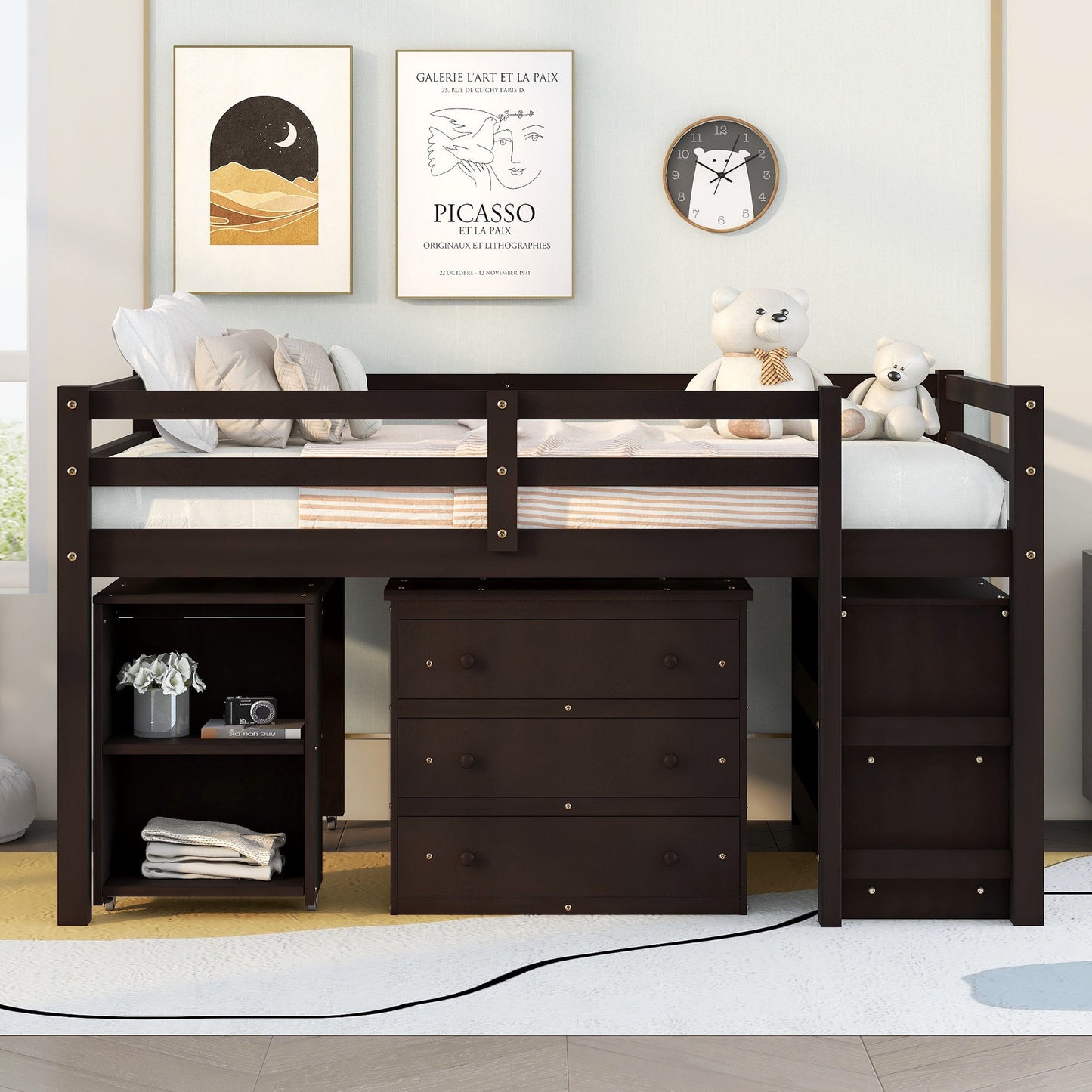 Full Loft Low Study Bed With Cabinet, Shelves And Rolling Portable Desk, Multiple Functions - Espresso