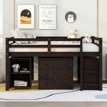 Full Loft Low Study Bed With Cabinet, Shelves And Rolling Portable Desk, Multiple Functions - Espresso