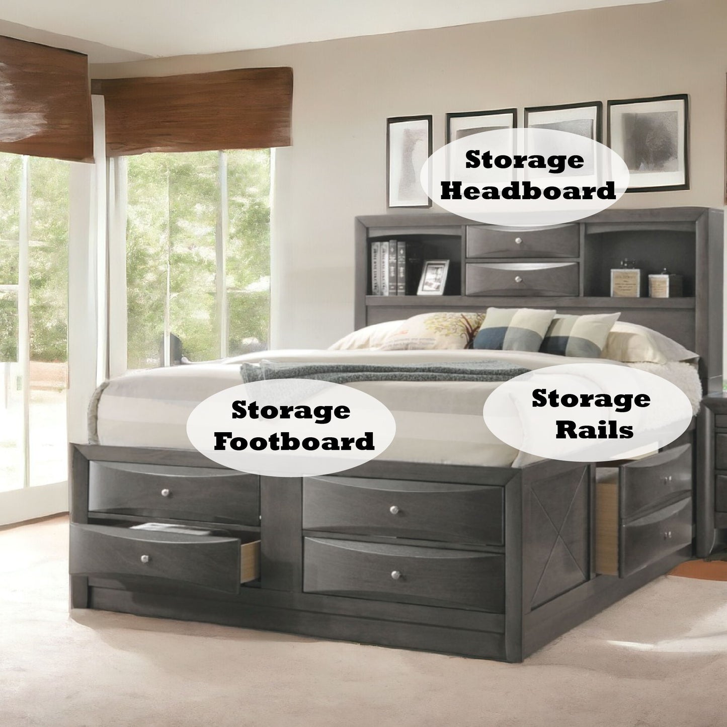 Ireland - Queen Bed With Storage - Gray Oak