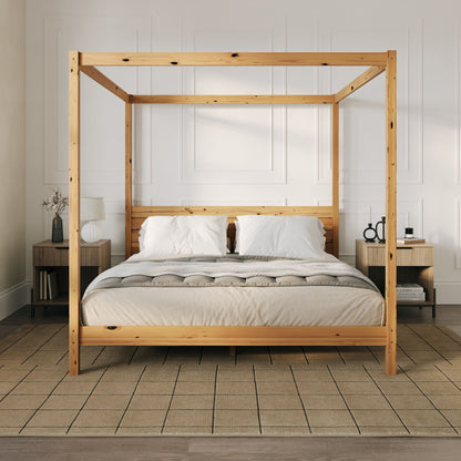 King Canopy Bed Frame Modern Minimalist Boho - Natural Pine