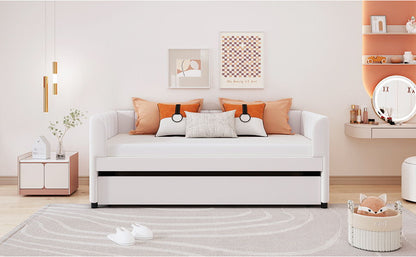 Twin Size Upholstered Daybed With Ergonomic Design Backrest And Trundle - Beige