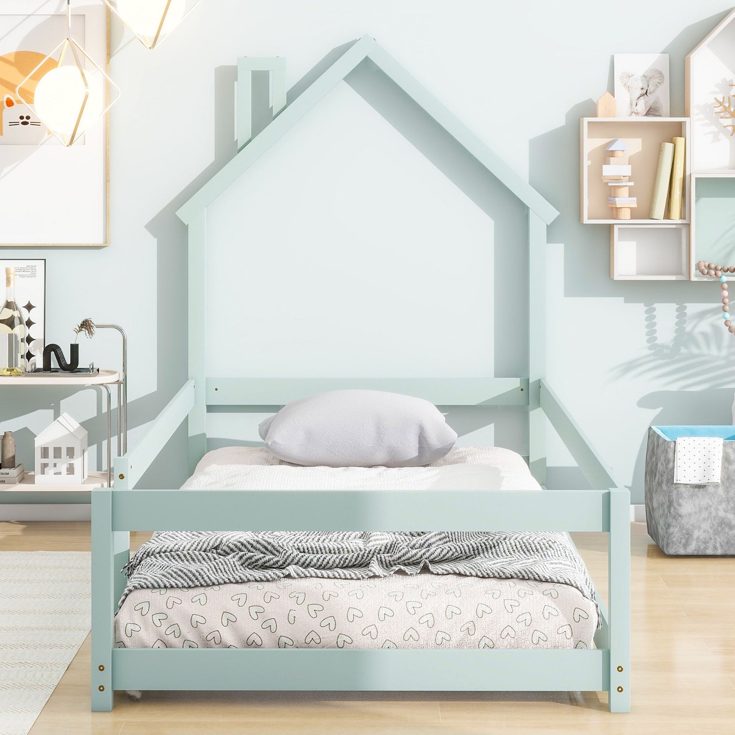 Twin Size Wood Bed With House-Shaped Headboard Floor Bed With Fences - Light Green