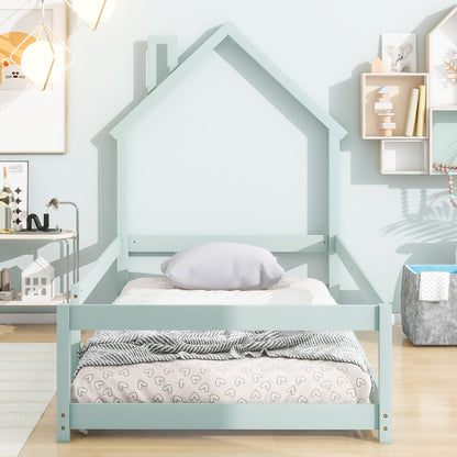 Twin Size Wood Bed With House-Shaped Headboard Floor Bed With Fences - Light Green