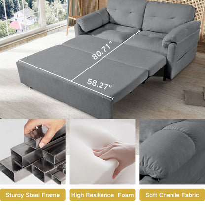 Modern Convertible Sleeper Sofa Bed With Pull Out Queen Design, Side Storage & Thick Cushions Chenille Loveseat For Living Room Or Bedroom 3 In 1 Function - Gray