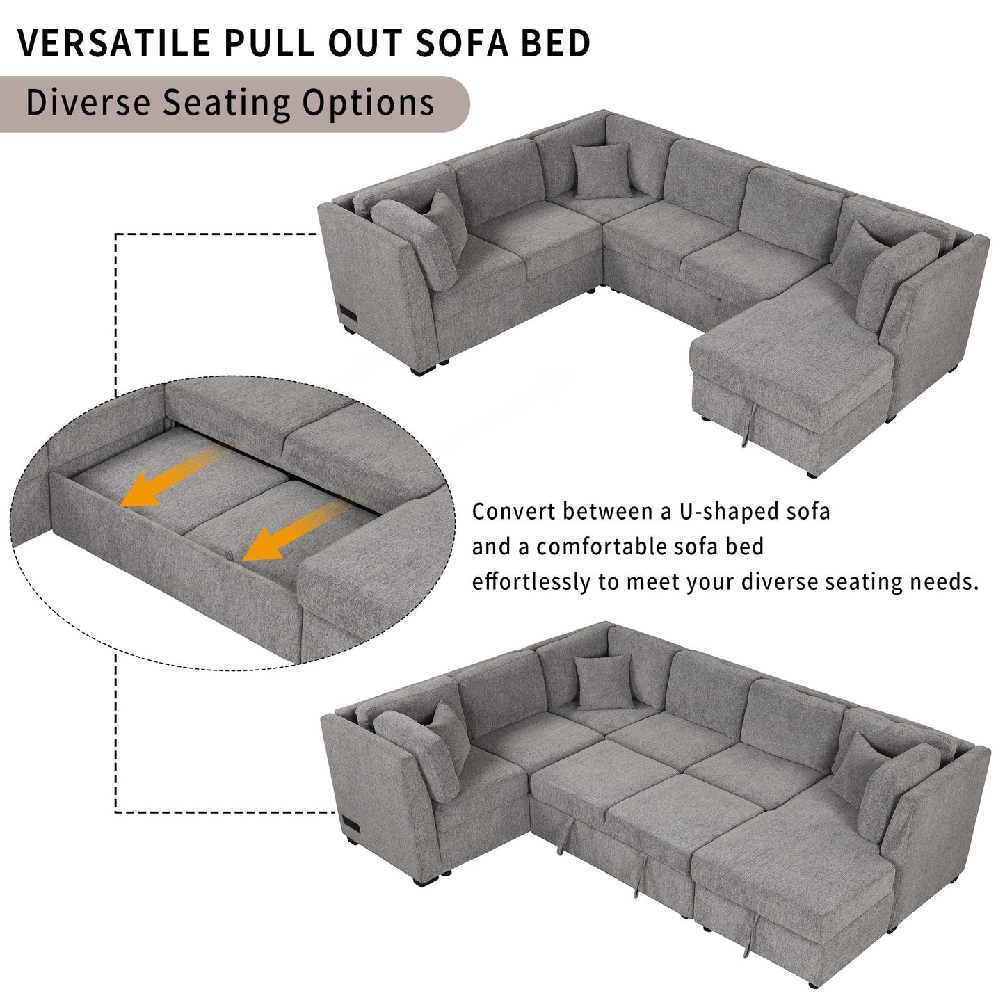 U-Shaped Sectional Sofa Pull Out Sofa Bed With Two USB Ports, Two Power Sockets, Three Back Pillows And A Storage Chaise For Living Room - Light Gray