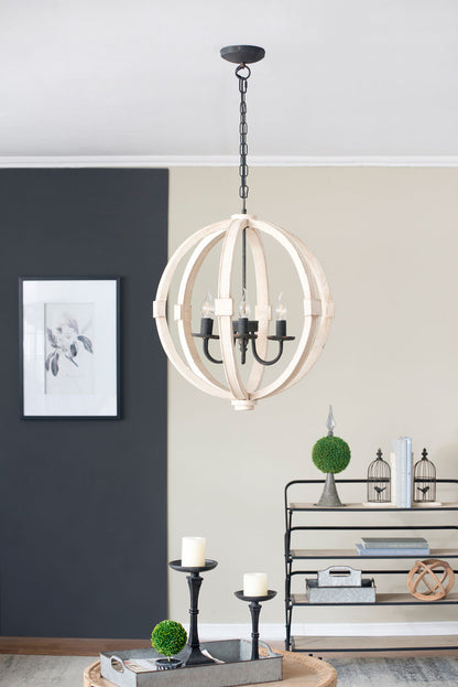 6 Light Wood Chandelier, Hanging Light Fixture With Adjustable Chain For Kitchen, Bulb Not Included - White