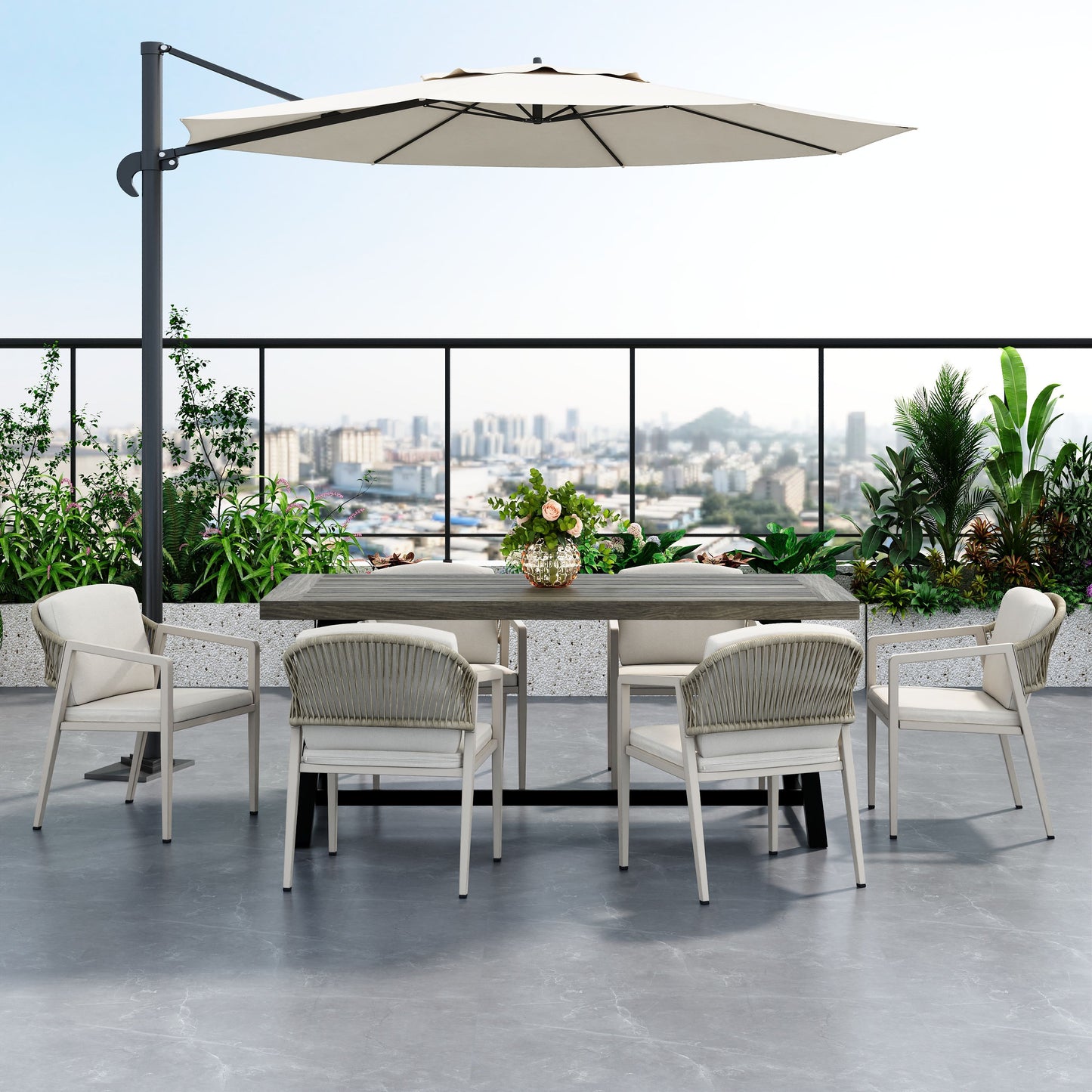 Modern Outdoor Dining Set 7 Pieces With Acacia Wood Table And Iron Chairs - Gray / Black