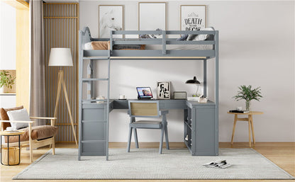 Full Loft Bed With U Shaped Desk, Storage Compartments And Tri Fold Mirror - Gray