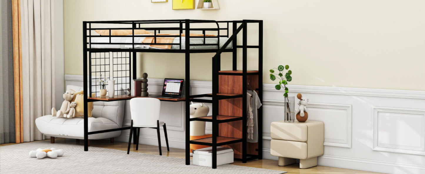 Twin Size Loft Bed With Desk And Grid, Stylish Frame With Lateral Storage Ladder And Wardrobe - Black