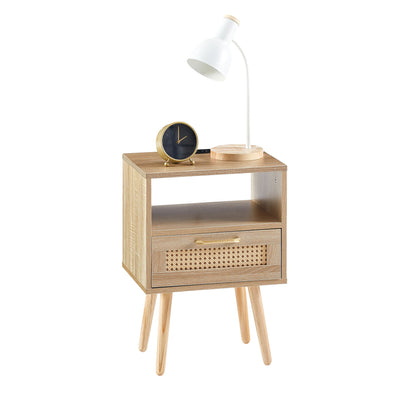 15.75" Rattan End Table With Power Outlet & USB Ports, Modern Nightstand With Drawer And Solid Wood Legs, Side Table For Living Room, Bedroom - Natural