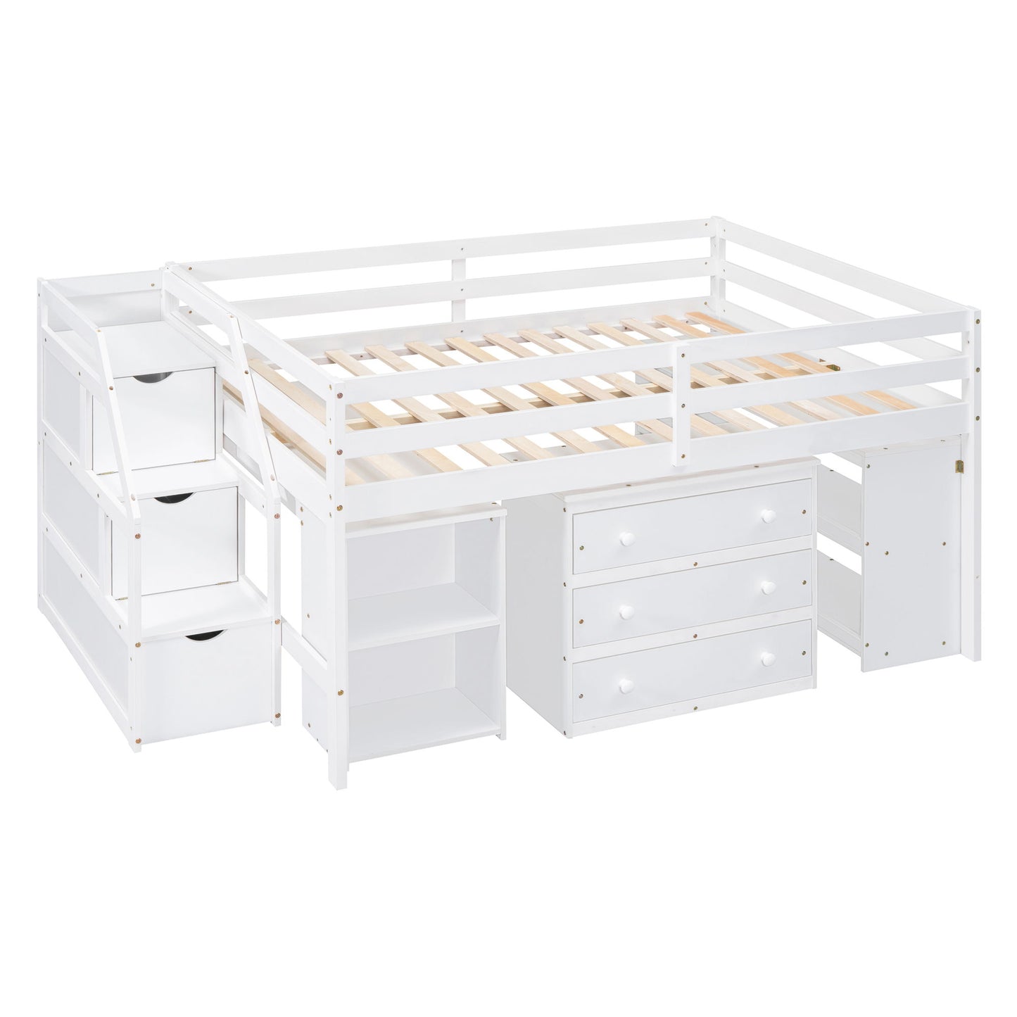 Full Size Loft Bed With Retractable Writing Desk And 3 Drawers With Storage Stairs And Shelves - White