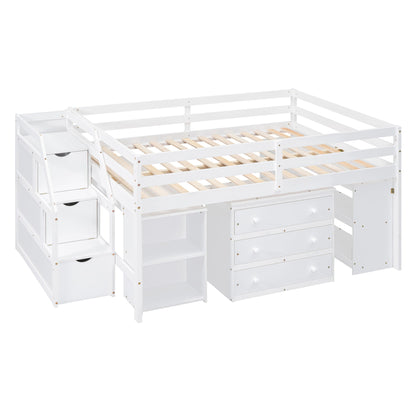 Full Size Loft Bed With Retractable Writing Desk And 3 Drawers With Storage Stairs And Shelves - White