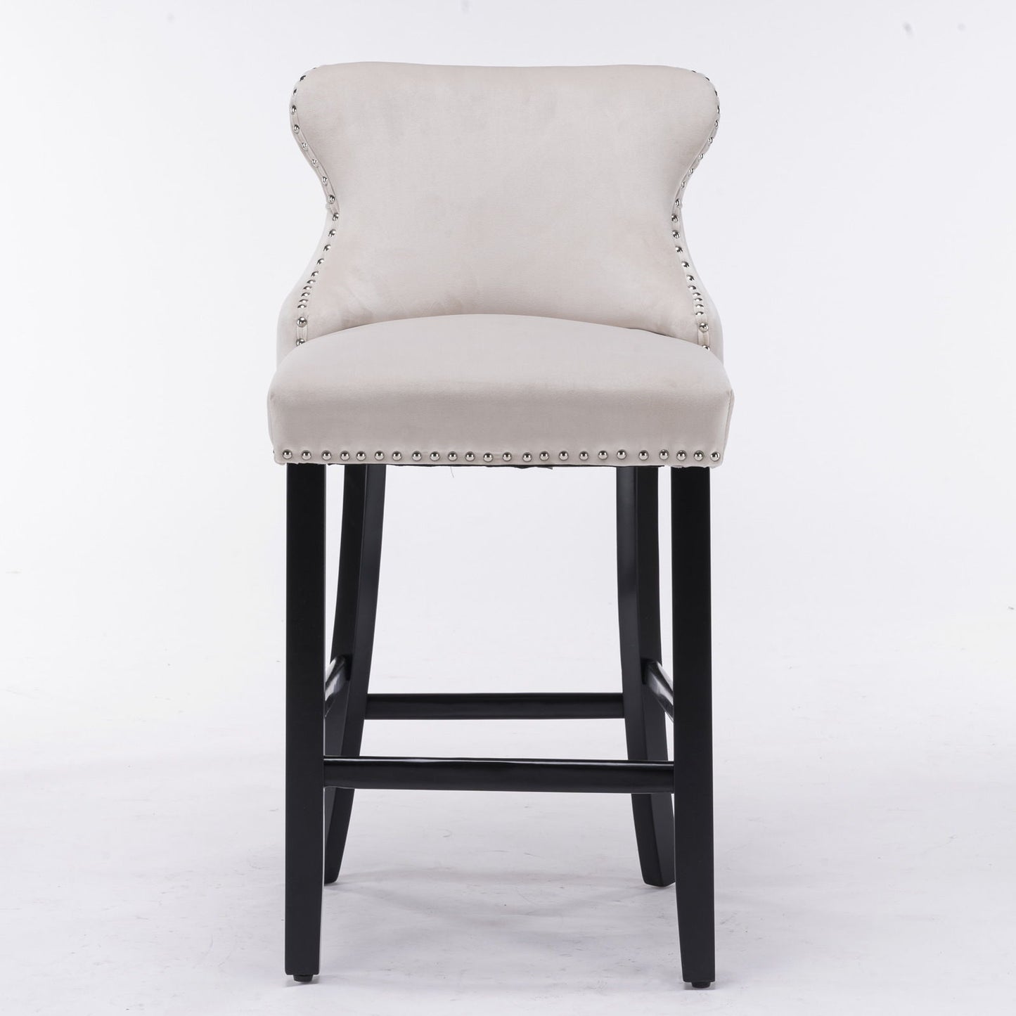Contemporary Velvet Upholstered Wing-Back Barstools With Button Tufted Decoration And Wooden Legs, And Chrome Nailhead Trim, Leisure Style Bar Chairs, Bar Stools (Set of 4) - Beige