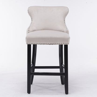 Contemporary Velvet Upholstered Wing-Back Barstools With Button Tufted Decoration And Wooden Legs, And Chrome Nailhead Trim, Leisure Style Bar Chairs, Bar Stools (Set of 4) - Beige
