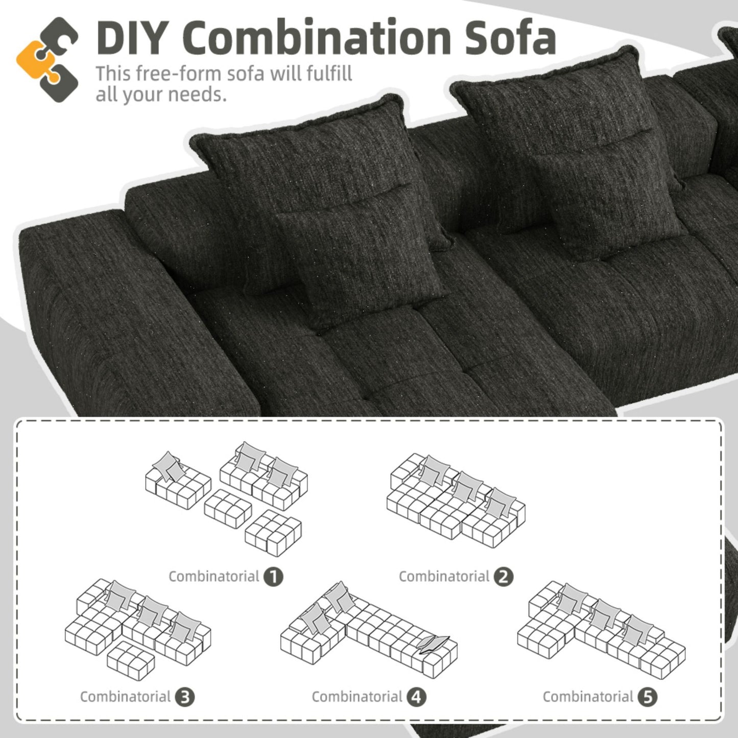 Modern Oversized Modular Sectional Sofa, Sparkling Chenille Fabric Soft Cushion Sofa With 6 Pillows, 6 Pieces Diy Combination Tufted Sofa, No Assembly Required - Black